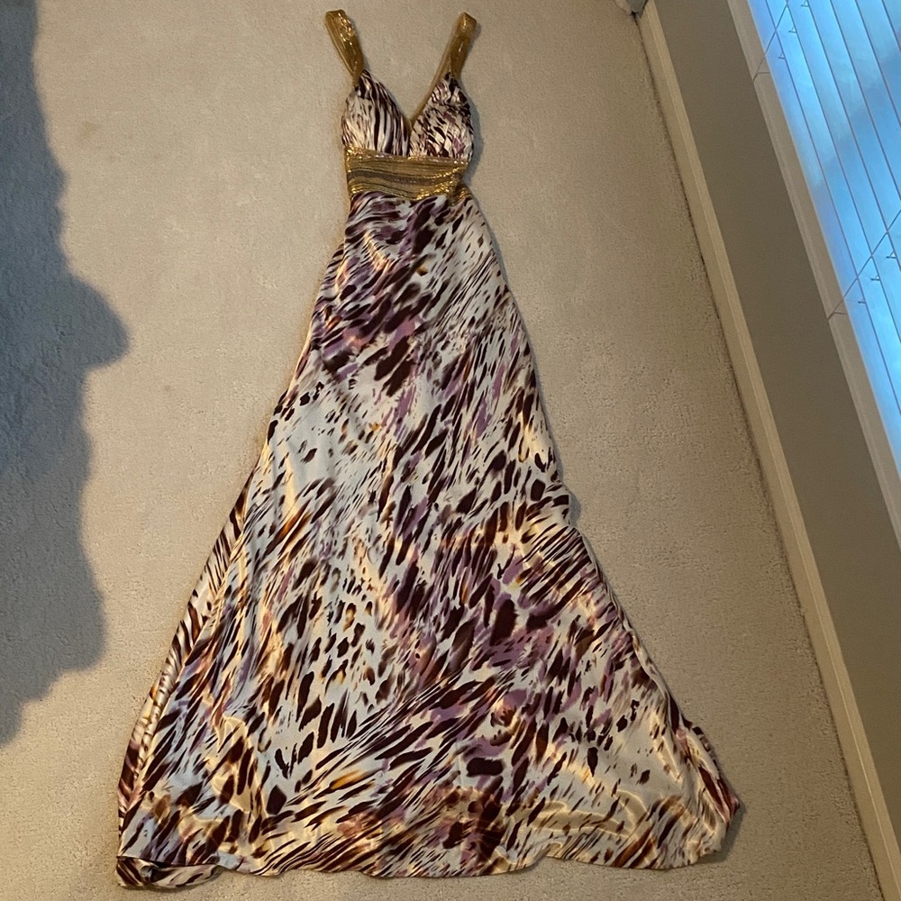 Dave & Johnny Purple and Cream Maxi Dress with Gold Straps